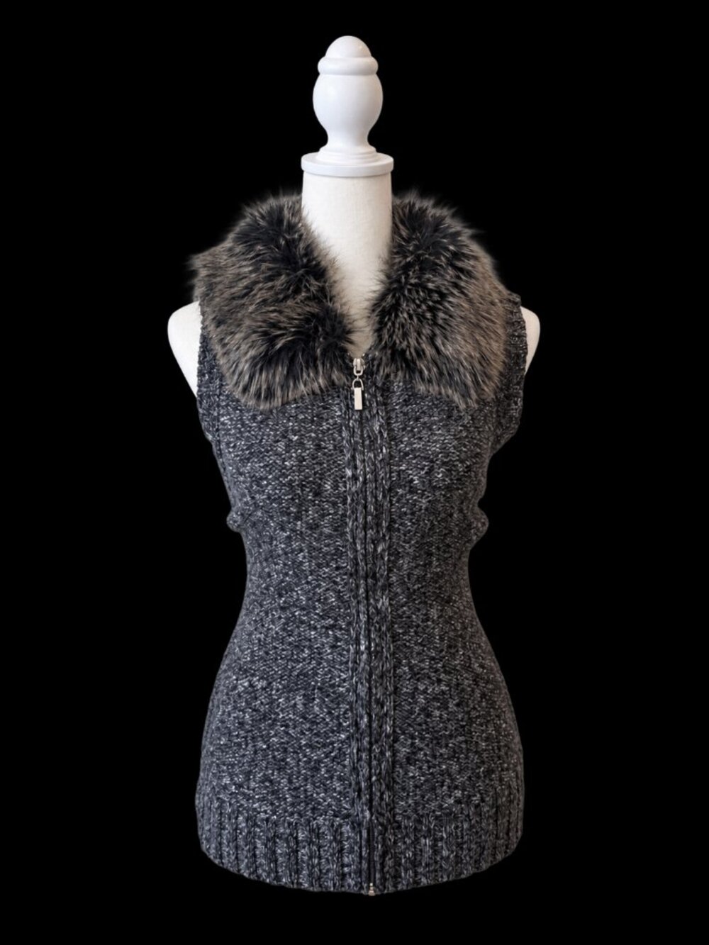 Alia Charcoal Faux Fur-Trim Sleeveless Zip Cardigan